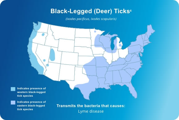 A map showing that black legged ticks live from the northeast to the southeast, and all along the west coast of the U.S.